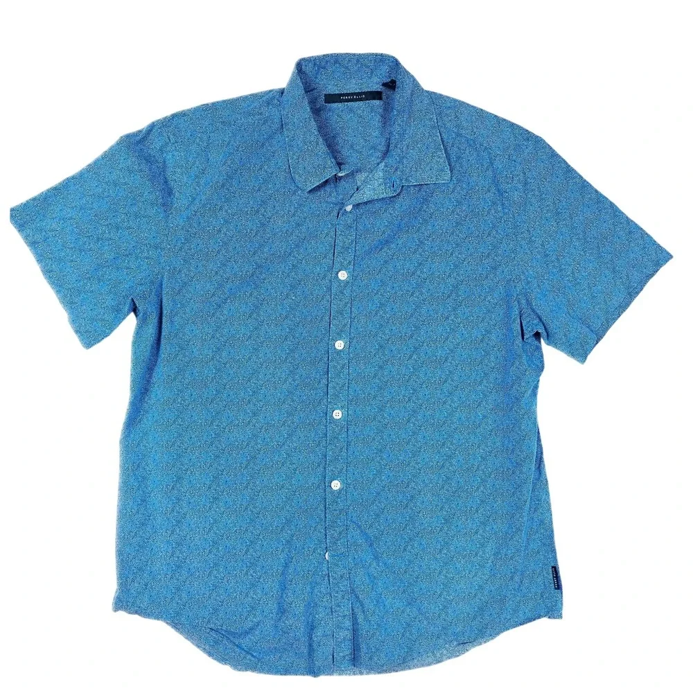 Perry Ellis Blue White Mosaic Button Short Sleeve Shirt Men's Size‎ Large